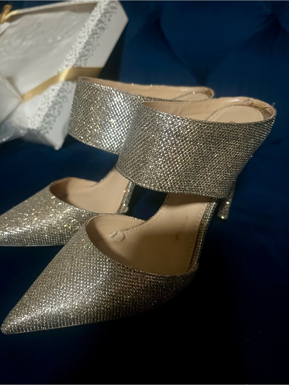 Express Silver Sparkle Pointed-Toe Mule Heels